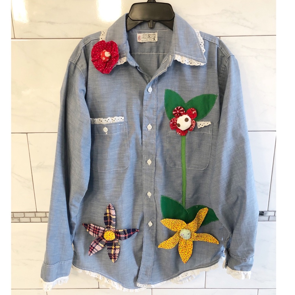 Groovy Vintage 1970s Hippie Flower Power Blouse, Embellished, SZ Large